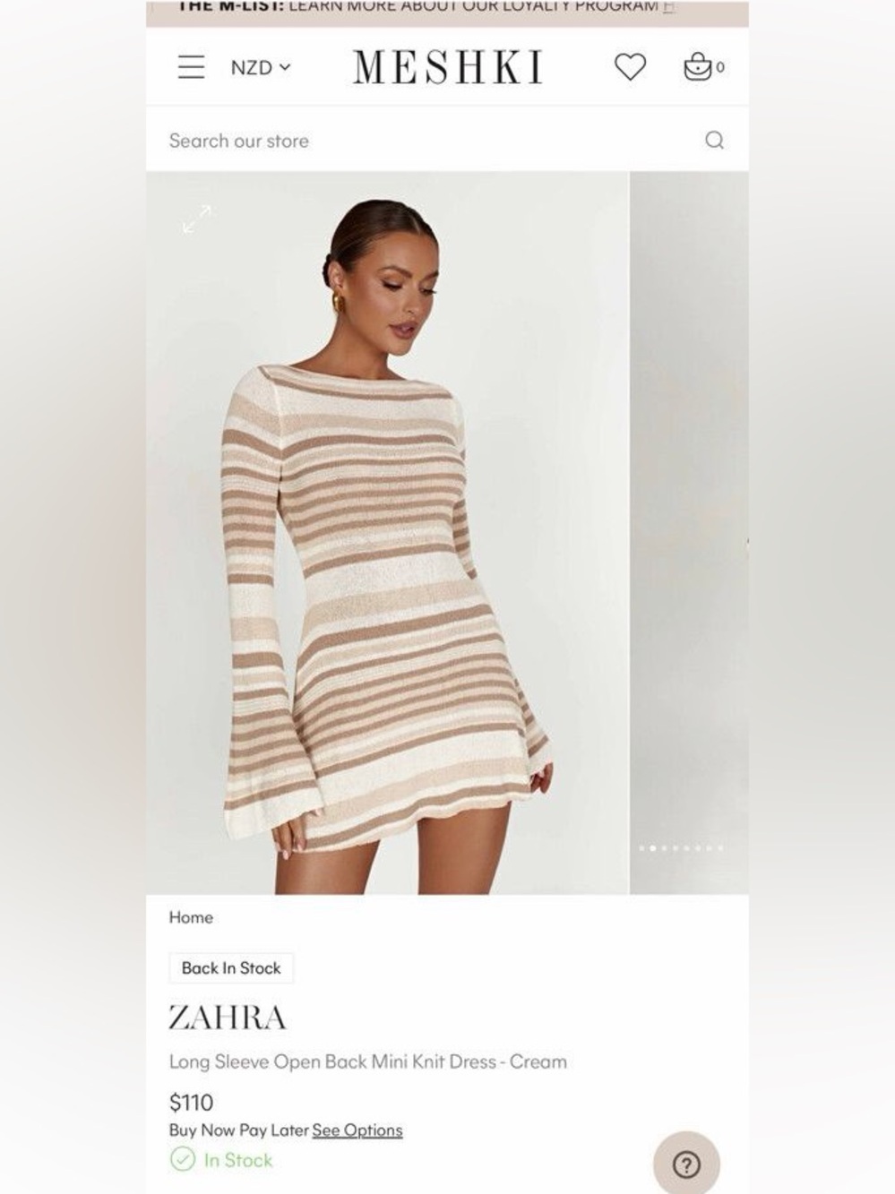 NWOT Meshki Zahra Long Sleeve Open Back mini knit dress size m